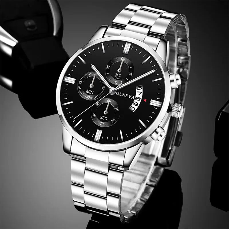 Montre Homme Luxe Geneva - Quartz en Acier Inoxydable Argenté