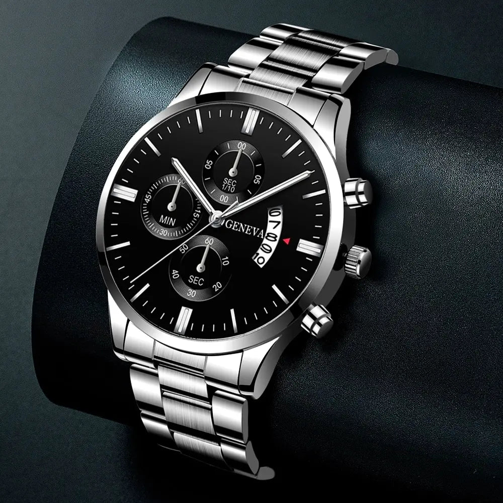 Montre Homme Luxe Geneva - Quartz en Acier Inoxydable Argenté